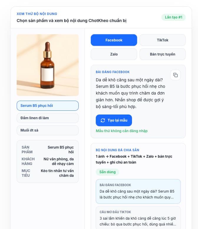 Ảnh sản phẩm Chốt Khéo hiển thị serum, các kênh bán hàng và nội dung Facebook đã tạo